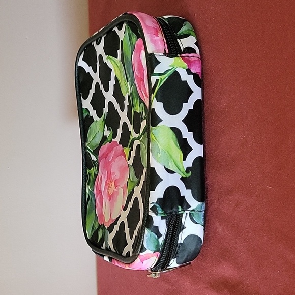 Modella Makeup Cosmetic Travel Bag Zippered Pouches Pink Black Floral - Picture 3 of 4